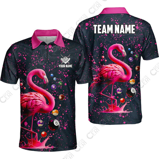 Customized 8 Ball Pool Quarter-Zip Polo Shirt, Flamingo Pink Splat Billiard, Personalized Billiards Jersey