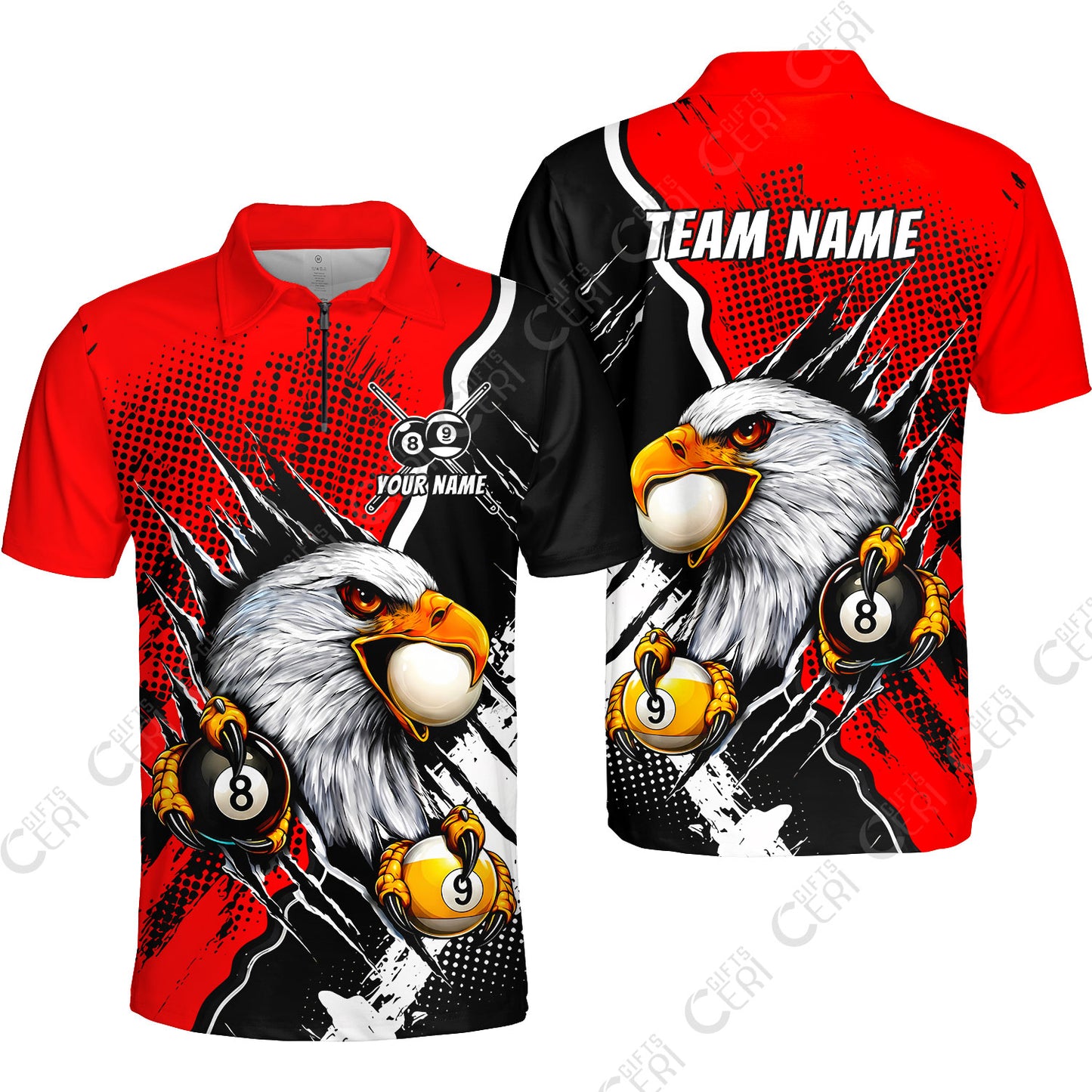Customized Billiards Quarter-Zip Polo Shirt, 8 & 9 Ball Billiard Eagle Comic Dot Halftone Background Color, Billiards Jerseys