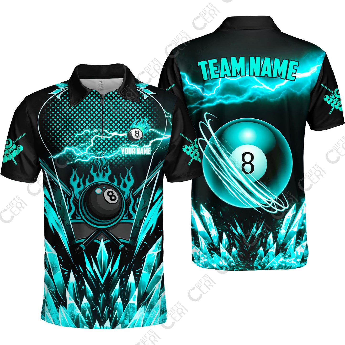 Customized 8 Ball Pool Quarter-Zip Polo Shirt, Electric Lightning Crystal, Billiards Jerseys