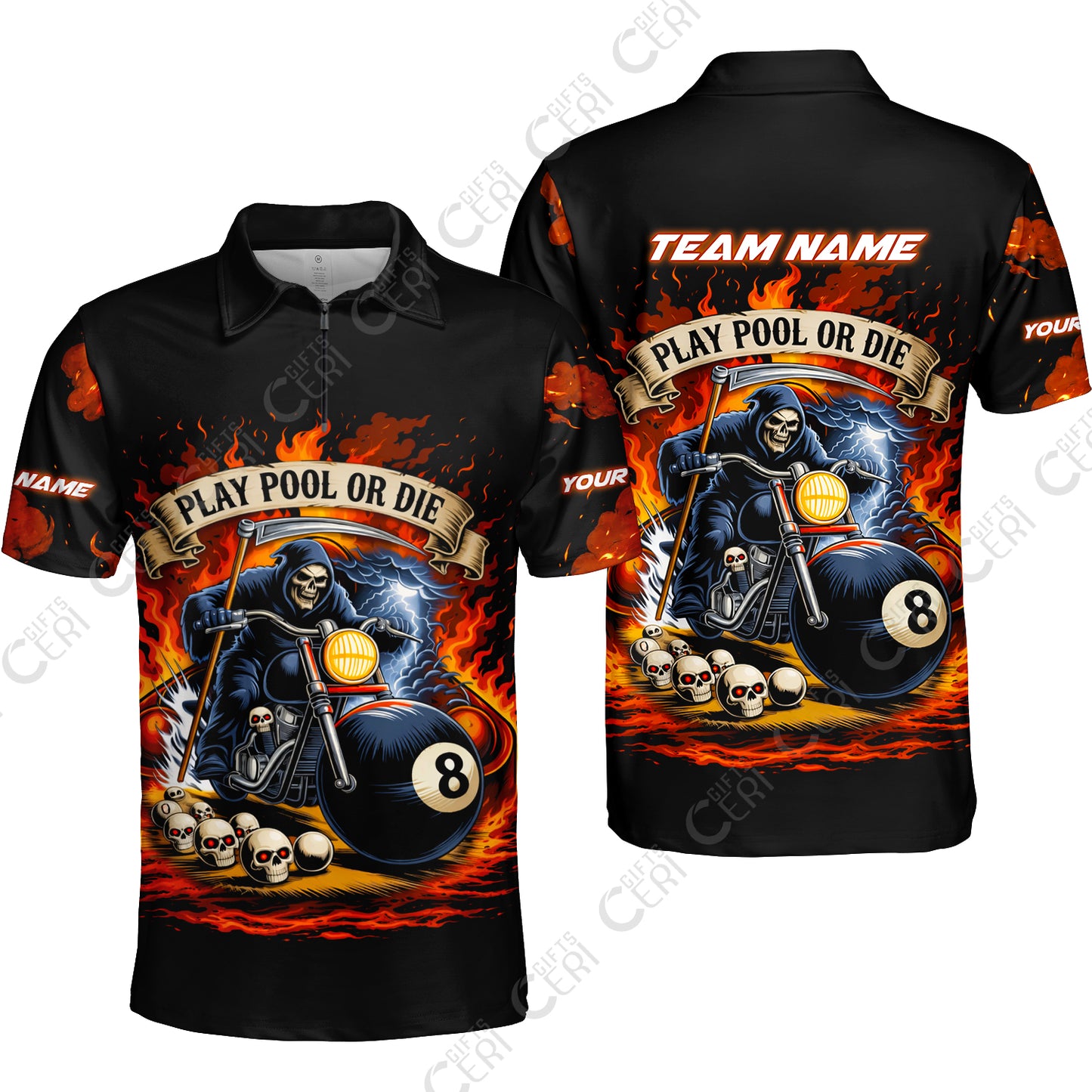 Customized 8 Ball Pool Quarter-Zip Polo Shirt, Billiards 8-Ball Hell Riders, Billiards Jerseys