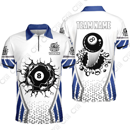 Customized 8 Ball Pool Quarter-Zip Polo Shirt, Billiard Triangle Pattern, 8-Ball Breaks The Wall, Billiard Jerseys