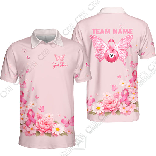 Customized 9 Ball Pool Quarter-Zip Polo Shirt, Floral Butterfly Billiards 9-Ball, Personalized Billiards Jersey