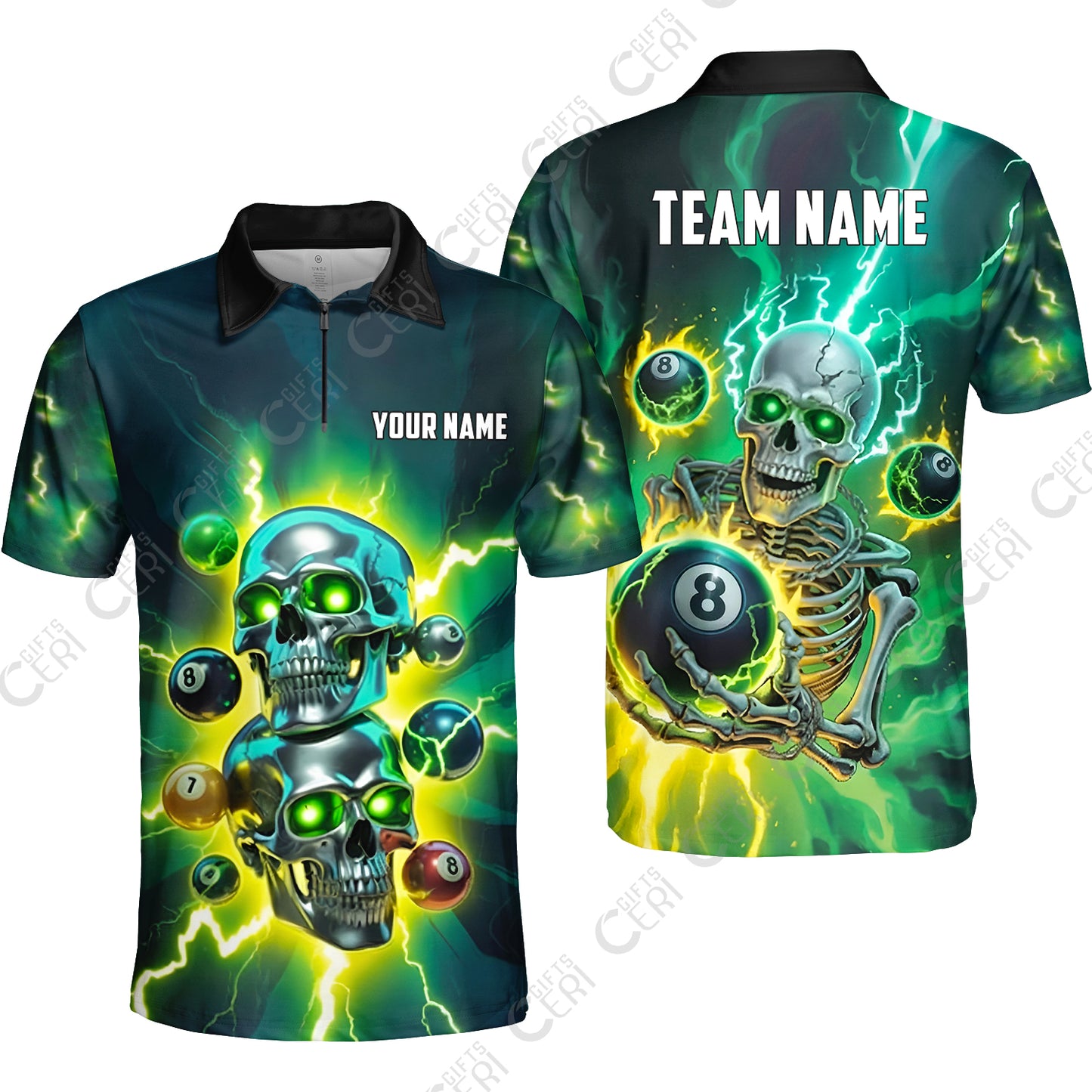 Customized 8 Ball Pool Quarter-Zip Polo Shirt, Billiards 8-Ball Thunder Skull, Billiards Jerseys