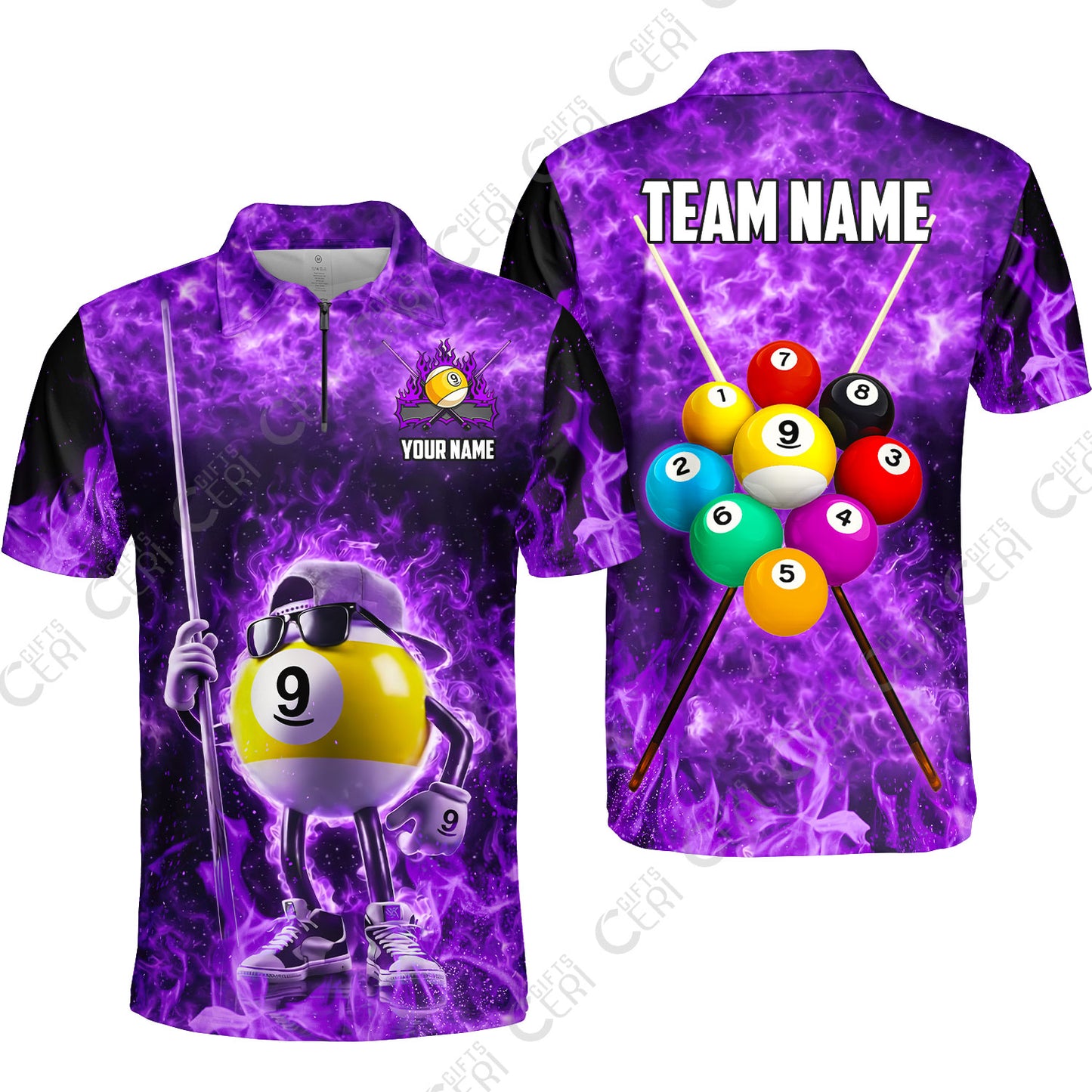 Customized 9 Ball Pool Quarter-Zip Polo Shirt, 9-Ball Wearing Cap And Sunglasses Flaming Burn, Billiard Jerseys
