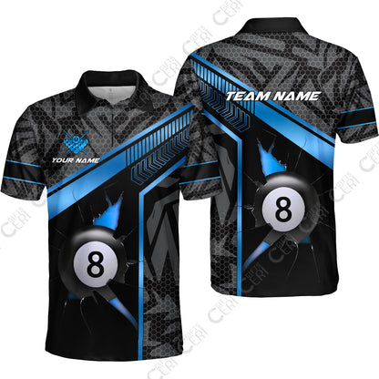 Customized Billiards Quarter-Zip Polo Shirt, Personalized Hexagonal Patterns With A Cracked Glass 8 Ball Jersey