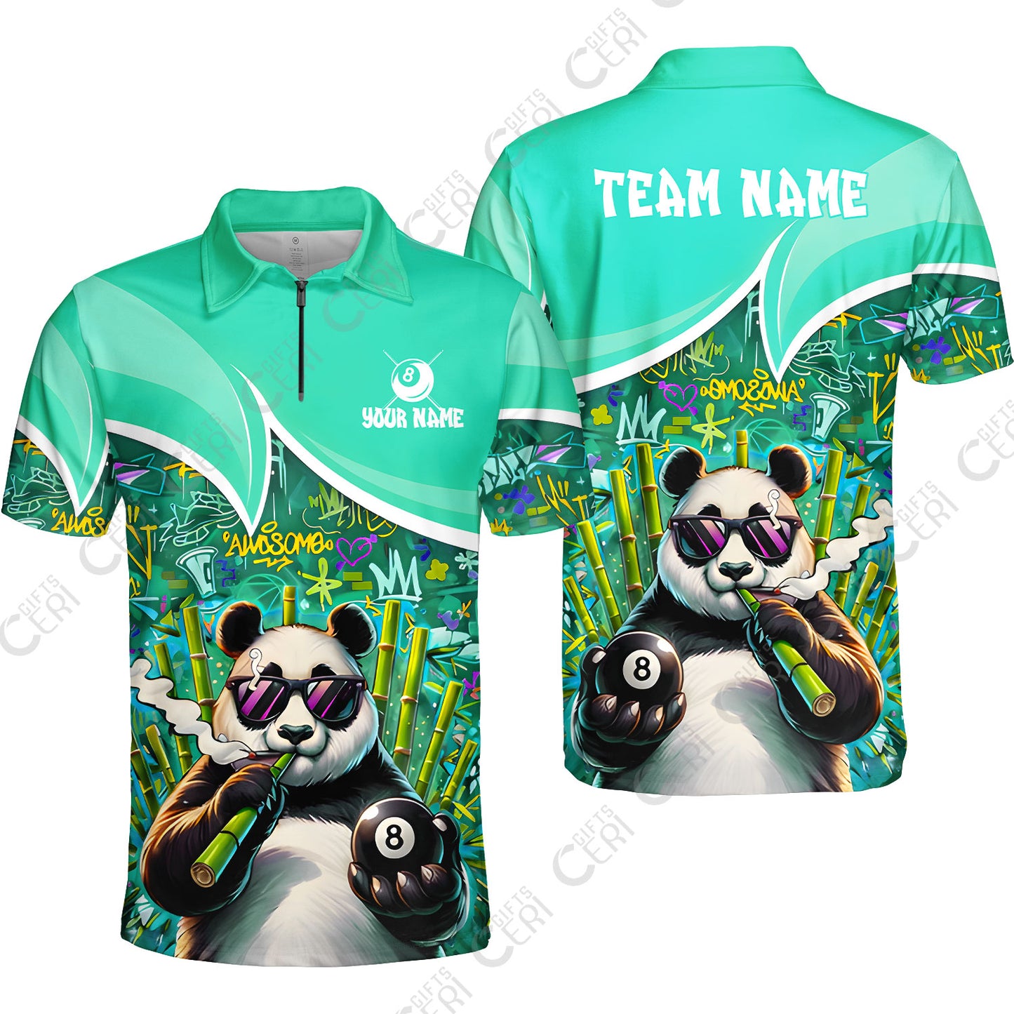 Customized 8 Ball Pool Quarter-Zip Polo Shirt, 8-Ball Panda Bamboo Billiards, Billiards Jerseys