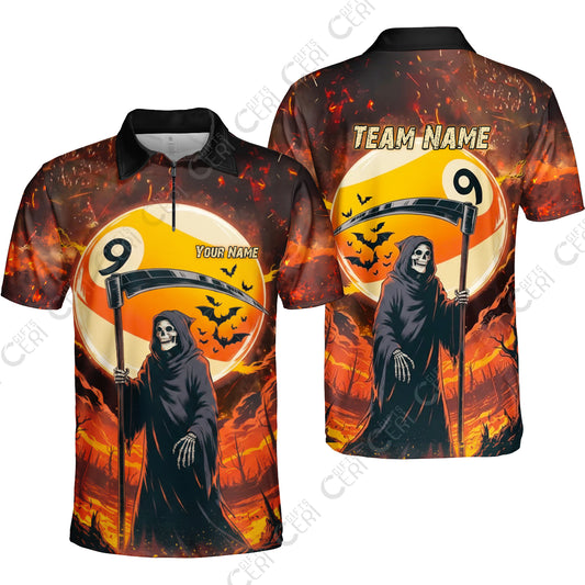 Customized Billiards Quarter-Zip Polo Shirt, Halloween Grim Reaper Death Shot 9 Ball Jersey Gift For Billiard Players