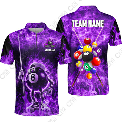 Customized 8 Ball Pool Quarter-Zip Polo Shirt, 8-Ball Wearing Cap And Sunglasses Flaming Burn, Billiard Jerseys
