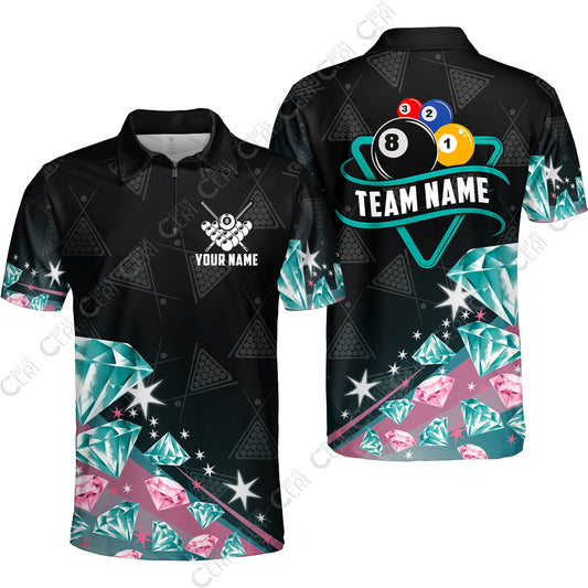 Customized 8 Ball Pool Quarter-Zip Polo Shirt, Diamonds Billiard 8-Ball, Personalized Billiards Jersey