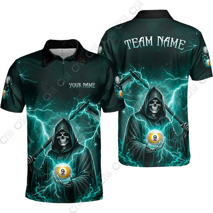 Customized 9 Ball Pool Quarter-Zip Polo Shirt, Lightning And Flame Grim Reaper With 9 Ball, Personalized Billiards Jersey