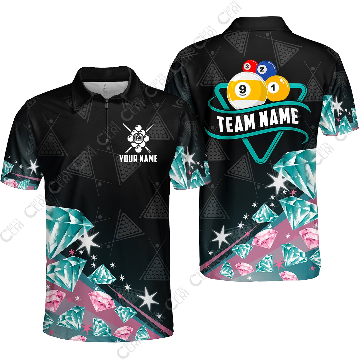 Customized 9 Ball Pool Quarter-Zip Polo Shirt, Diamonds Billiard 9-Ball, Personalized Billiards Jersey