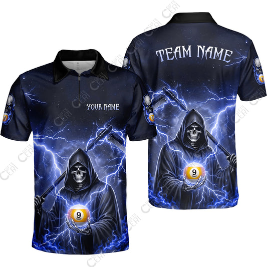 Customized 9 Ball Pool Quarter-Zip Polo Shirt, Lightning And Flame Grim Reaper With 9 Ball, Personalized Billiards Jersey