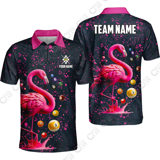 Customized 9 Ball Pool Quarter-Zip Polo Shirt, Flamingo Pink Splat Billiard 9-Ball, Billiards Jersey