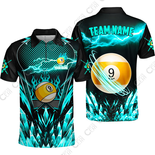 Customized 9 Ball Pool Quarter-Zip Polo Shirt, Electric Lightning Crystal, Billiards Jerseys