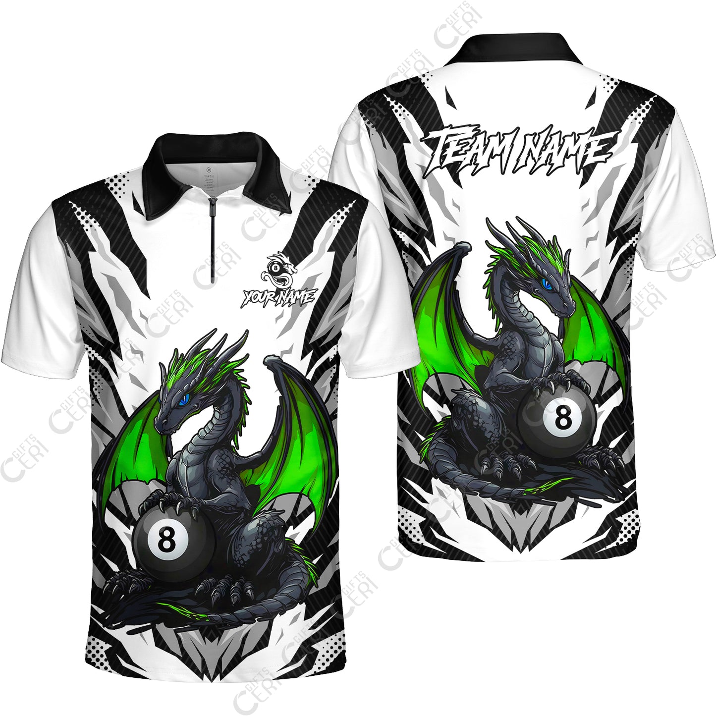Customized Billiards Quarter-Zip Polo Shirt, Personalized Baby Dragon 8 Ball Jersey Gift For Billiard Players