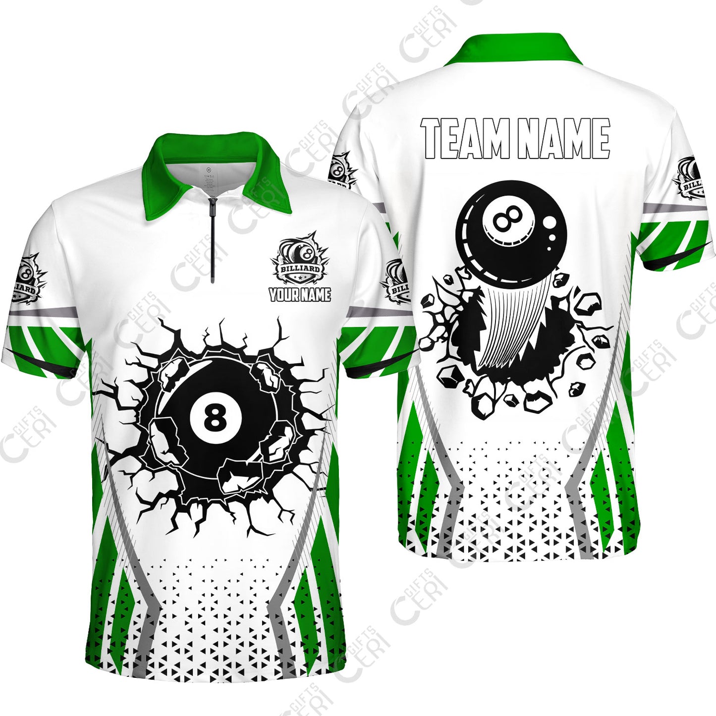 Customized 8 Ball Pool Quarter-Zip Polo Shirt, Billiard Triangle Pattern, 8-Ball Breaks The Wall, Billiard Jerseys