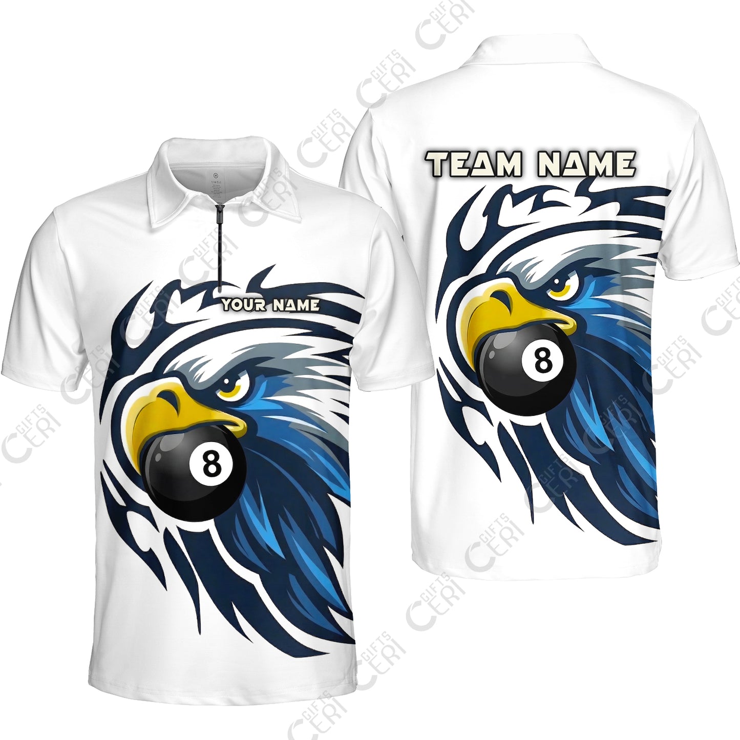 Customized 8 Ball Pool Quarter-Zip Polo Shirt, Eagle Eye 8-Ball, Personalized Billiards Jersey