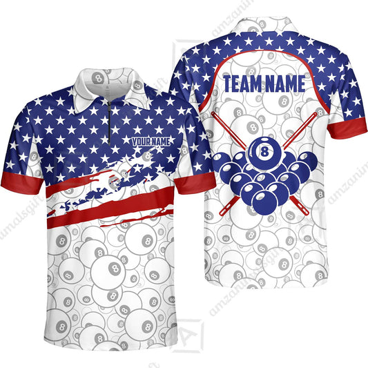 Customized 8 Ball Pool Quarter-Zip Polo Shirt, American Star Flag Billiard 8-Ball, Personalized Billiards Jersey