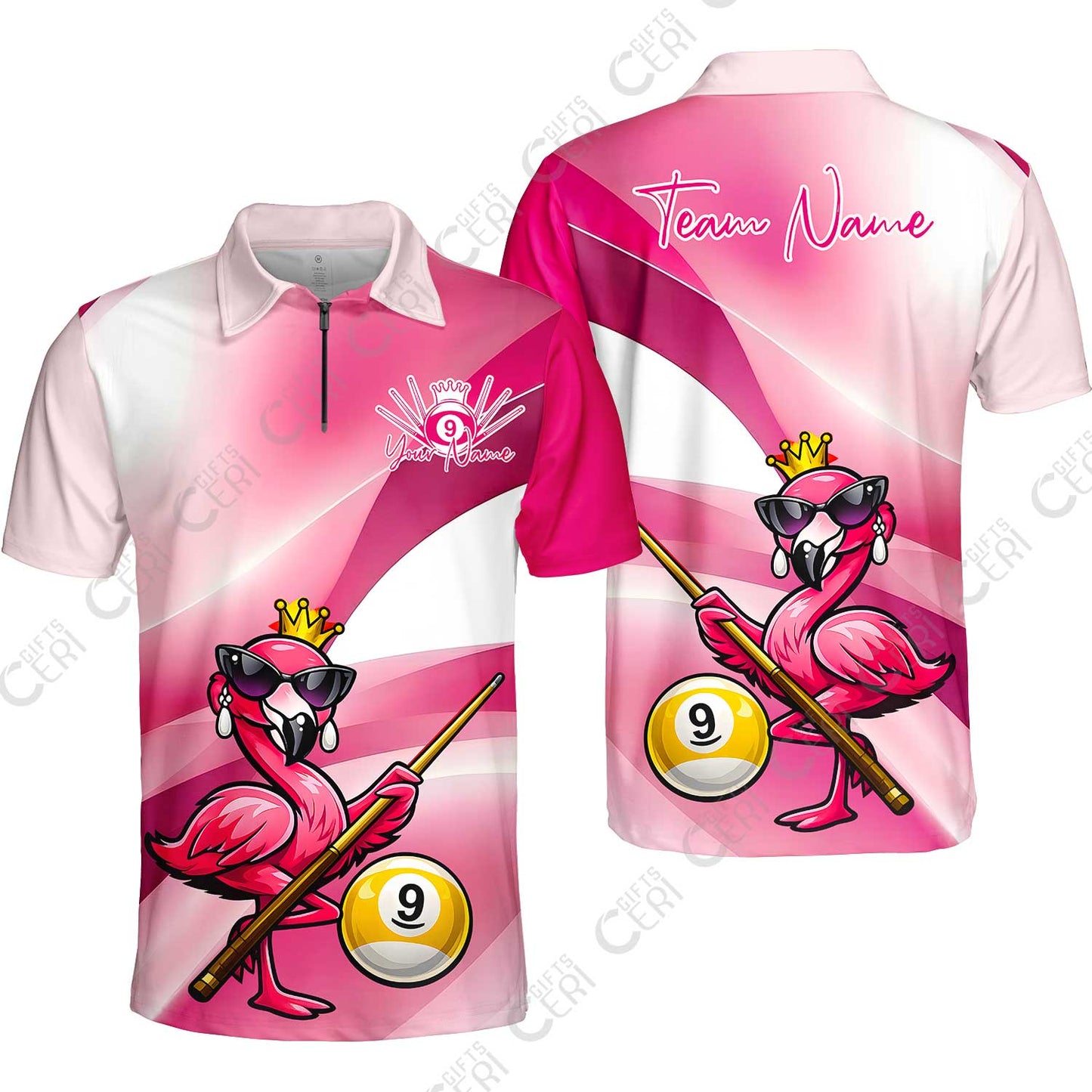 Customized 9 Ball Pool Quarter-Zip Polo Shirt, Pink Flamingo Billiards 9-Ball, Personalized Billiards Jersey