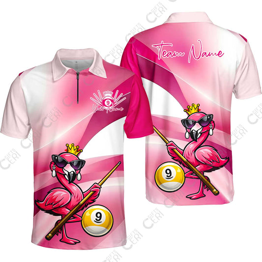 Customized 9 Ball Pool Quarter-Zip Polo Shirt, Pink Flamingo Billiards 9-Ball, Personalized Billiards Jersey