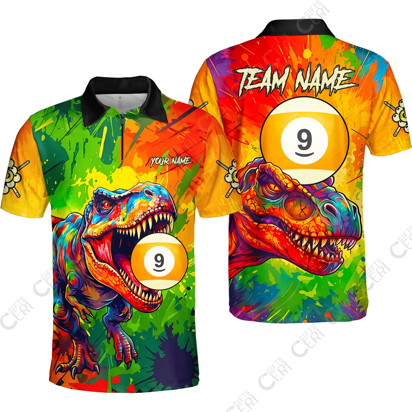 Customized 9 Ball Pool Quarter-Zip Polo Shirt, Dinosaur Colorful Splash Paint Billiard 9-Ball, Personalized Billiards Jersey