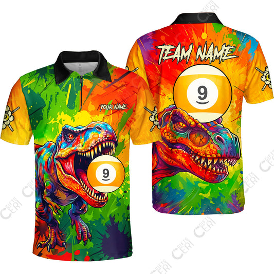 Customized 9 Ball Pool Quarter-Zip Polo Shirt, Dinosaur Colorful Splash Paint Billiard 9-Ball, Personalized Billiards Jersey