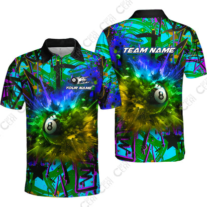 Customized Billiards Quarter-Zip Polo Shirt, Personalized Neon Chaos 8 Ball Jersey Gift For Billiard Players