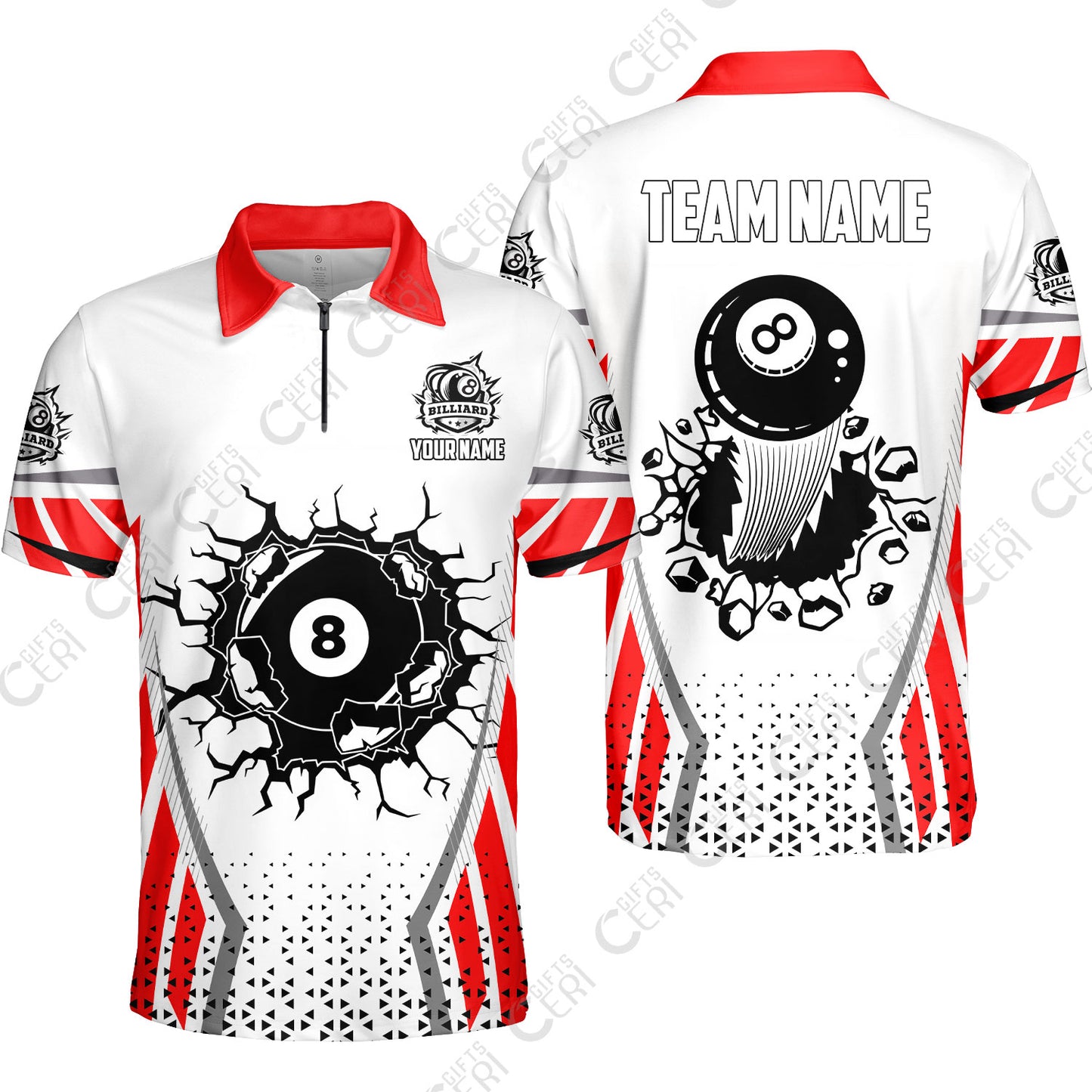 Customized 8 Ball Pool Quarter-Zip Polo Shirt, Billiard Triangle Pattern, 8-Ball Breaks The Wall, Billiard Jerseys