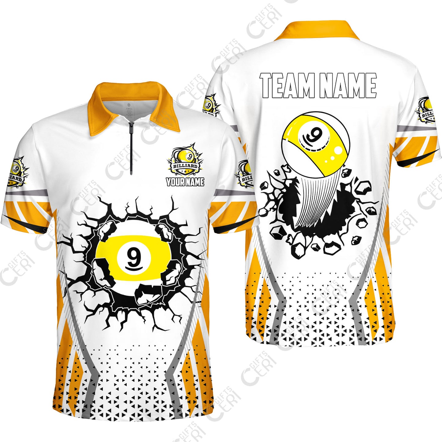 Customized 9 Ball Pool Quarter-Zip Polo Shirt, Billiard Triangle Pattern, 9-Ball Breaks The Wall, Billiard Jerseys