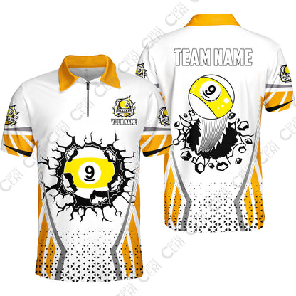 Customized 9 Ball Pool Quarter-Zip Polo Shirt, Billiard Triangle Pattern, 9-Ball Breaks The Wall, Billiard Jerseys