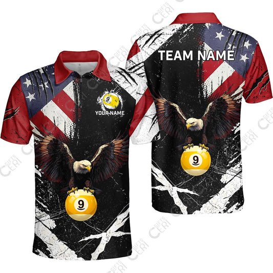 Customized 9 Ball Pool Quarter-Zip Polo Shirt, Eagle Billiard American Flag 9-ball, Personalized Billiards Jersey