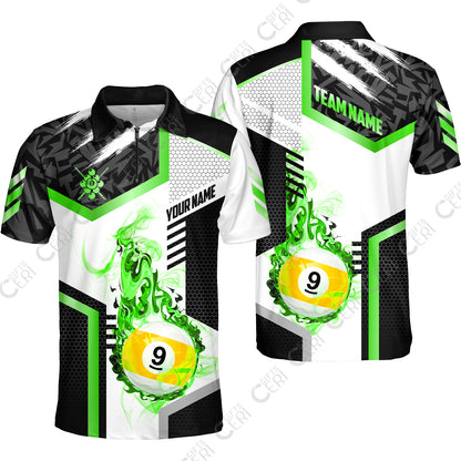 Customized 9 Ball Pool Quarter-Zip Polo Shirt, Flaming 9-Ball Graphic, Billiards Jersey