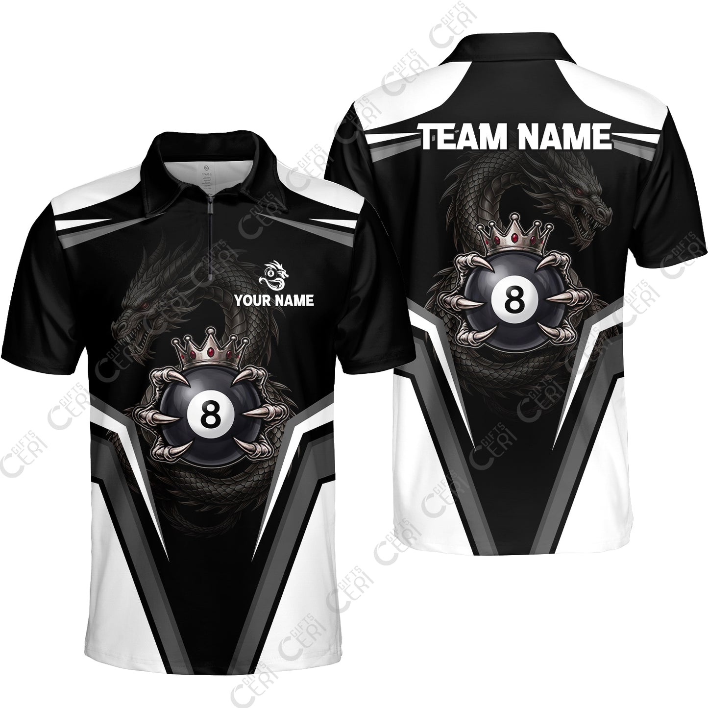 Customized 8 Ball Pool Quarter-Zip Polo Shirt, Dragon's Holding 8-Ball, Personalized Billiards Jersey