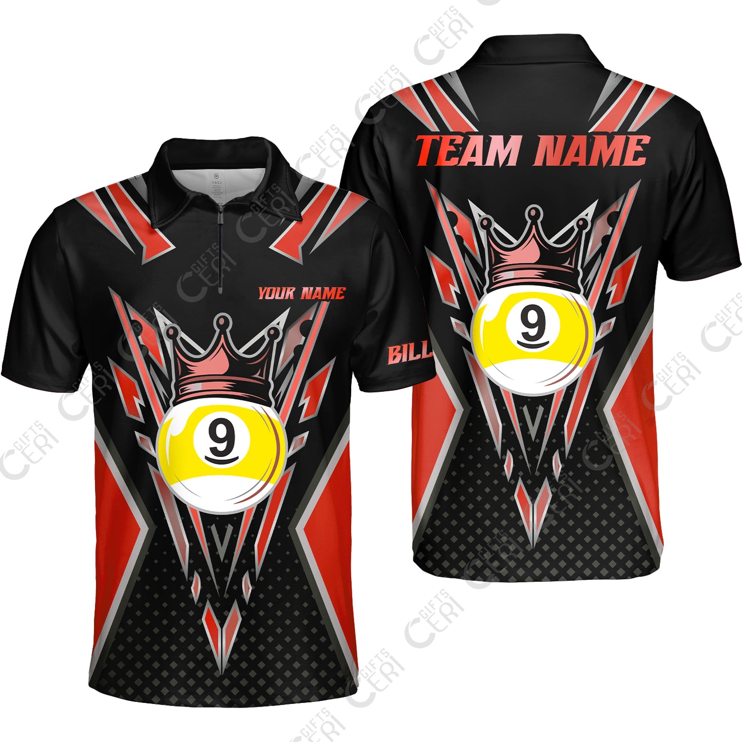 Customized 9 Ball Pool Quarter-Zip Polo Shirt, Billiard 9-Ball Crown, Billiard Jerseys