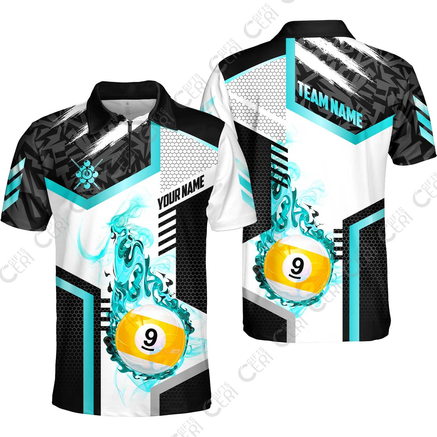 Customized 9 Ball Pool Quarter-Zip Polo Shirt, Flaming 9-Ball Graphic, Billiards Jersey
