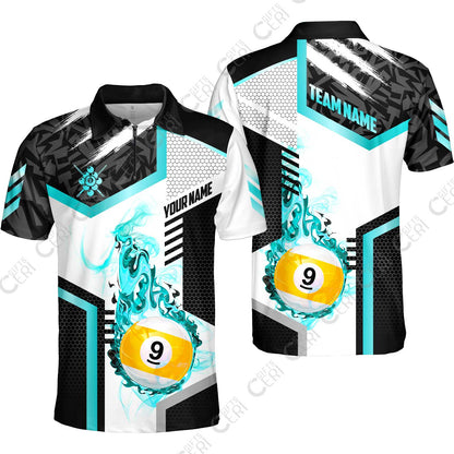 Customized 9 Ball Pool Quarter-Zip Polo Shirt, Flaming 9-Ball Graphic, Billiards Jersey