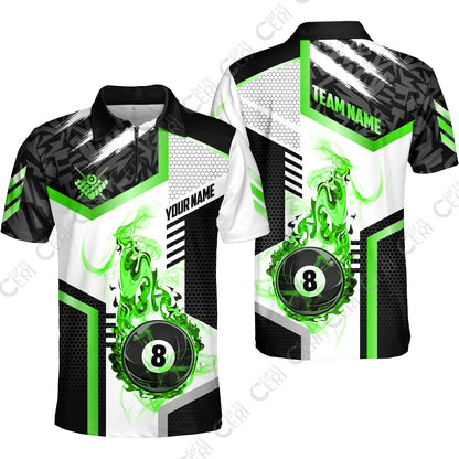 Customized Billiards Quarter-Zip Polo Shirt, Flaming 8-Ball Graphic, 8 Ball Pool Jersey