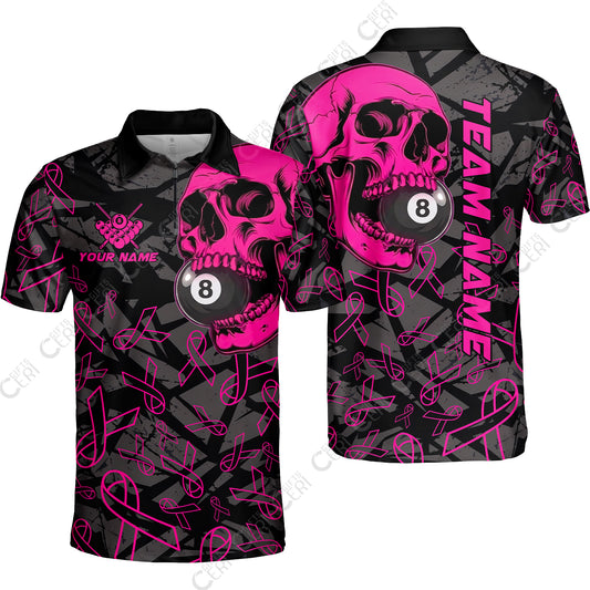 Customized 8 Ball Pool Quarter-Zip Polo Shirt, Billiard Pink Skull, Personalized Billiards Jersey