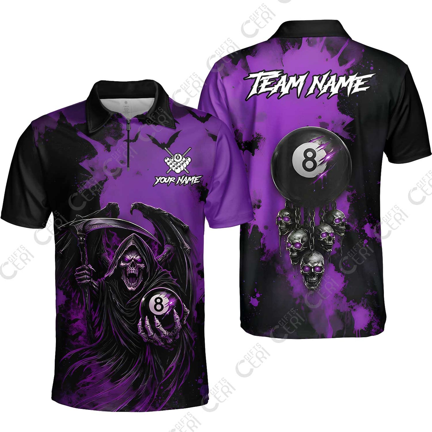 Customized 8 Ball Pool Quarter-Zip Polo Shirt, Billiard Death Skull Paint Splash, Billiards Jersey