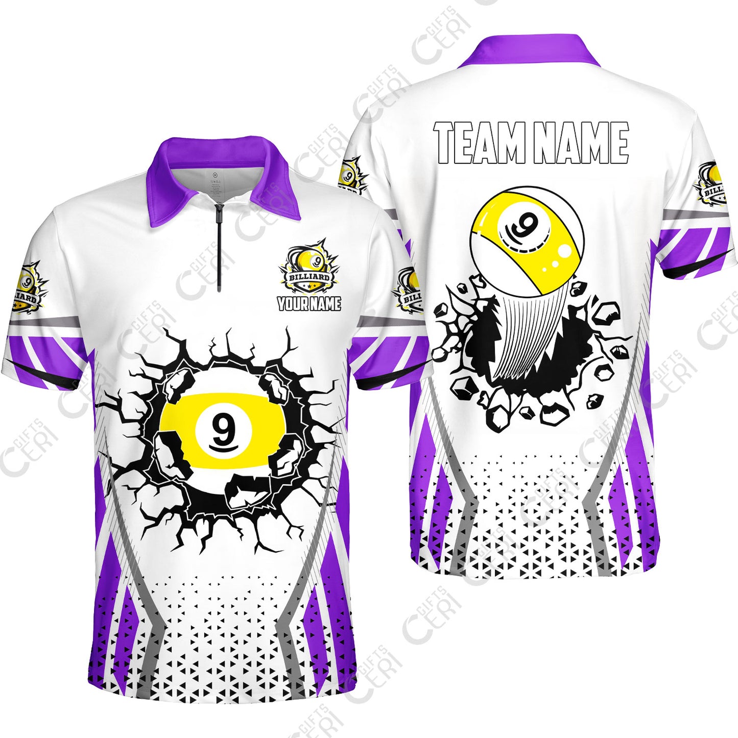 Customized 9 Ball Pool Quarter-Zip Polo Shirt, Billiard Triangle Pattern, 9-Ball Breaks The Wall, Billiard Jerseys