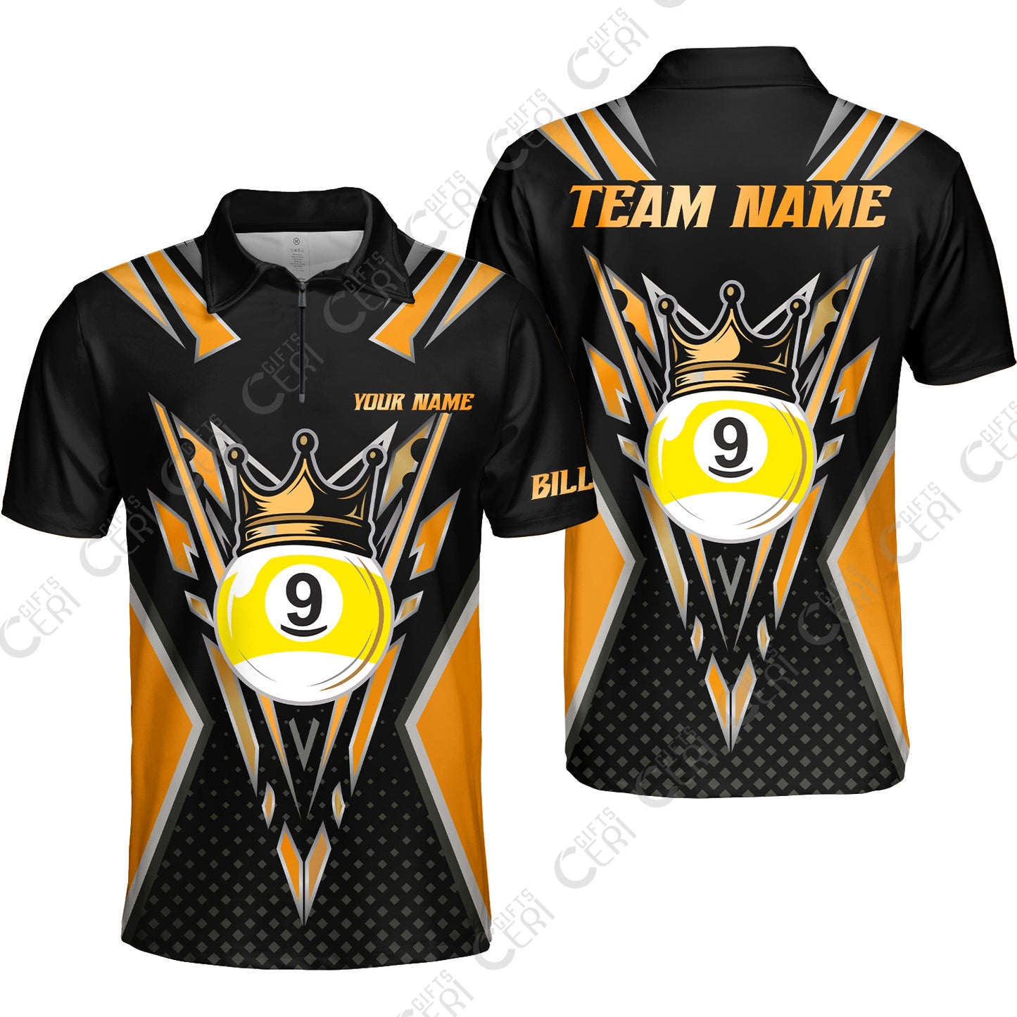 Customized 9 Ball Pool Quarter-Zip Polo Shirt, Billiard 9-Ball Crown, Billiard Jerseys