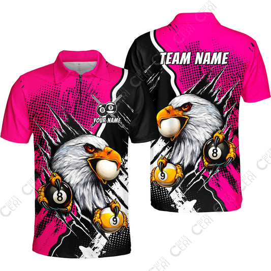 Customized Billiards Quarter-Zip Polo Shirt, 8 & 9 Ball Billiard Eagle Comic Dot Halftone Background Color, Billiards Jerseys