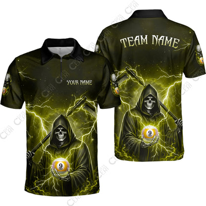 Customized 9 Ball Pool Quarter-Zip Polo Shirt, Lightning And Flame Grim Reaper With 9 Ball, Personalized Billiards Jersey