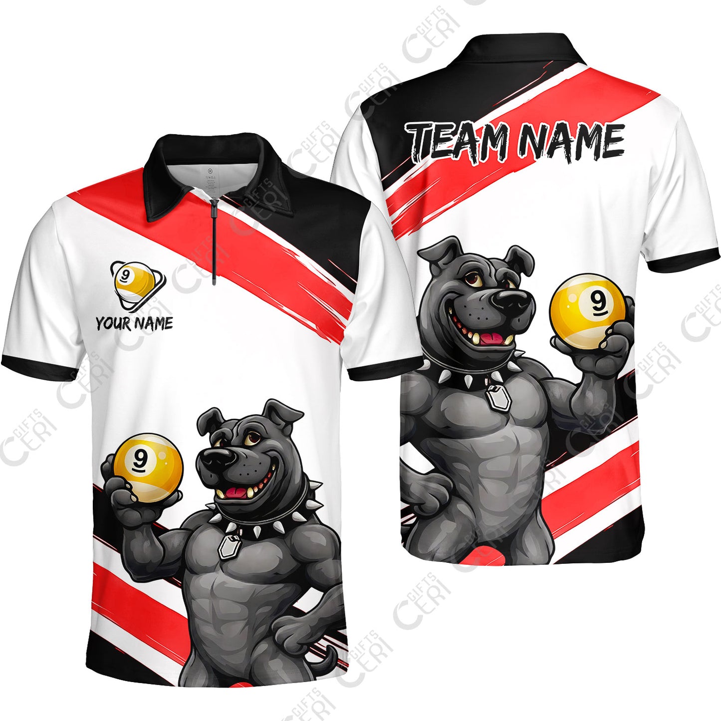 Customized Billiards Quarter-Zip Polo Shirt, Personalized Pitbull 9 Ball Jersey Gift For Billiard Players