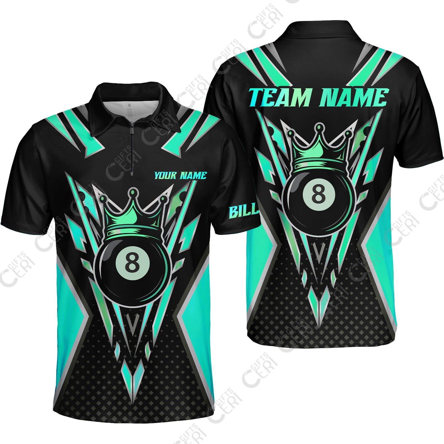 Customized 8 Ball Pool Quarter-Zip Polo Shirt, Billiard 8-Ball Crown, Billiard Jerseys