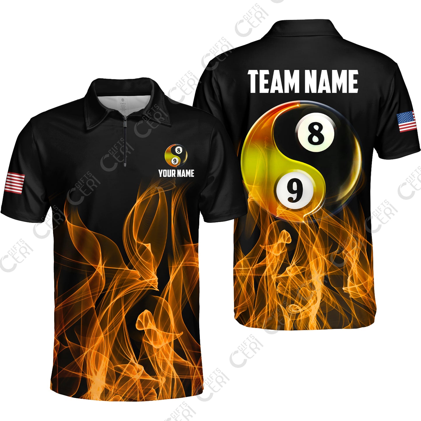 Customized Billiard Quarter-Zip Polo Shirt, Billiard 8-Ball And 9-Ball Yin-Yang Flame, Billiard Jerseys