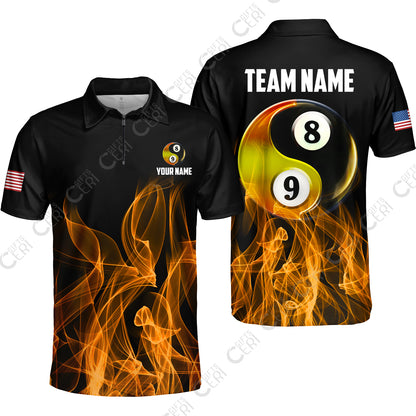 Customized Billiard Quarter-Zip Polo Shirt, Billiard 8-Ball And 9-Ball Yin-Yang Flame, Billiard Jerseys