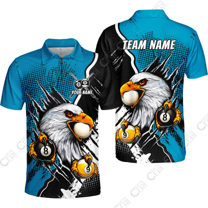 Customized Billiards Quarter-Zip Polo Shirt, 8 & 9 Ball Billiard Eagle Comic Dot Halftone Background Color, Billiards Jerseys