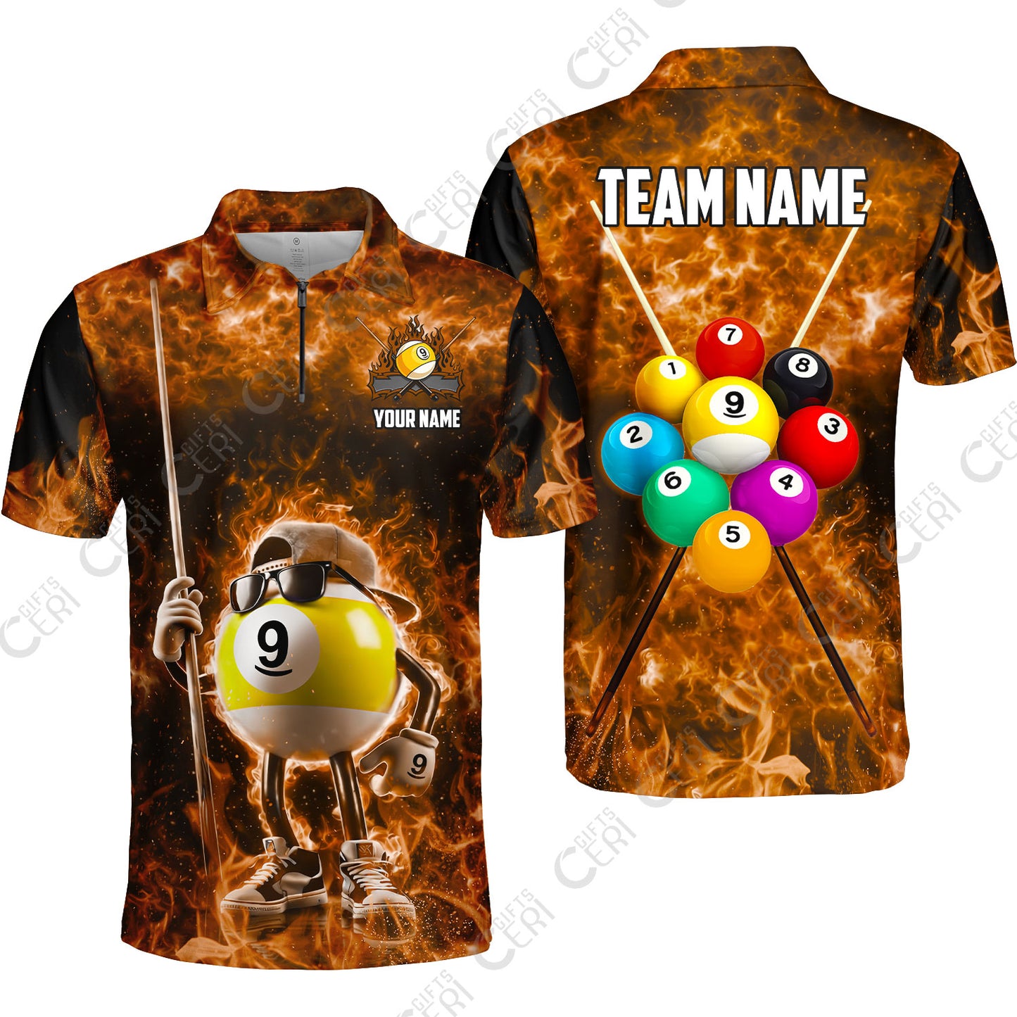 Customized 9 Ball Pool Quarter-Zip Polo Shirt, 9-Ball Wearing Cap And Sunglasses Flaming Burn, Billiard Jerseys