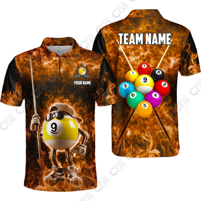Customized 9 Ball Pool Quarter-Zip Polo Shirt, 9-Ball Wearing Cap And Sunglasses Flaming Burn, Billiard Jerseys